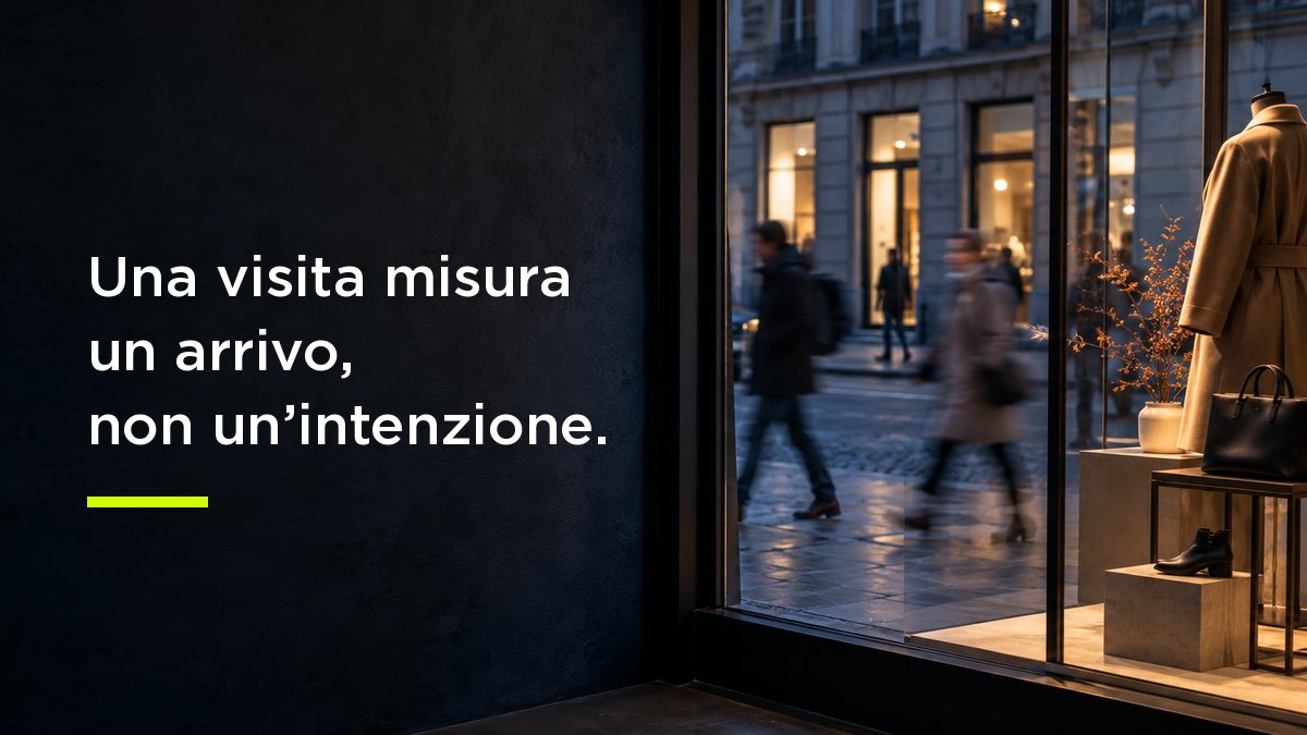 Una vetrina vista dall'interno di un negozio buio, con persone sfocate che passano sul marciapiede senza entrare